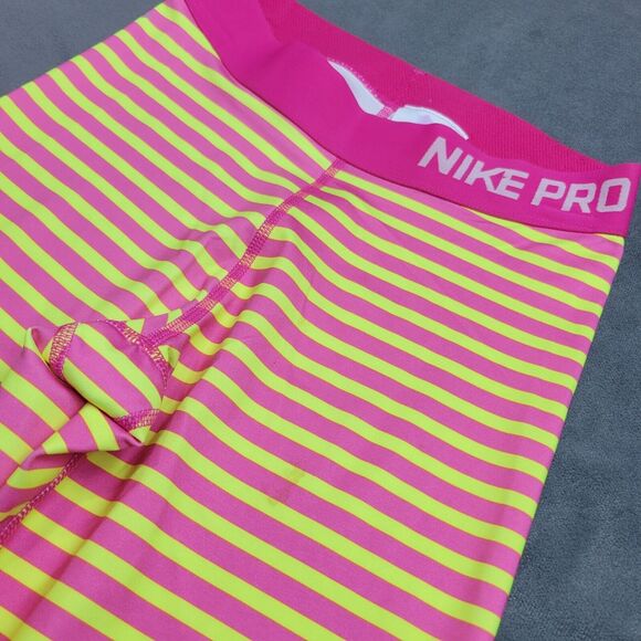 Nike Pro XS Womens Dri-Fit Pink & Yellow Striped Compression Capris - Picture 9 of 16